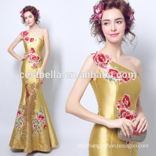 Traditional Fornal Evening Dresses Golden Yellow Handmade Embroidered Mermaid Formal Party Dress One shoulder